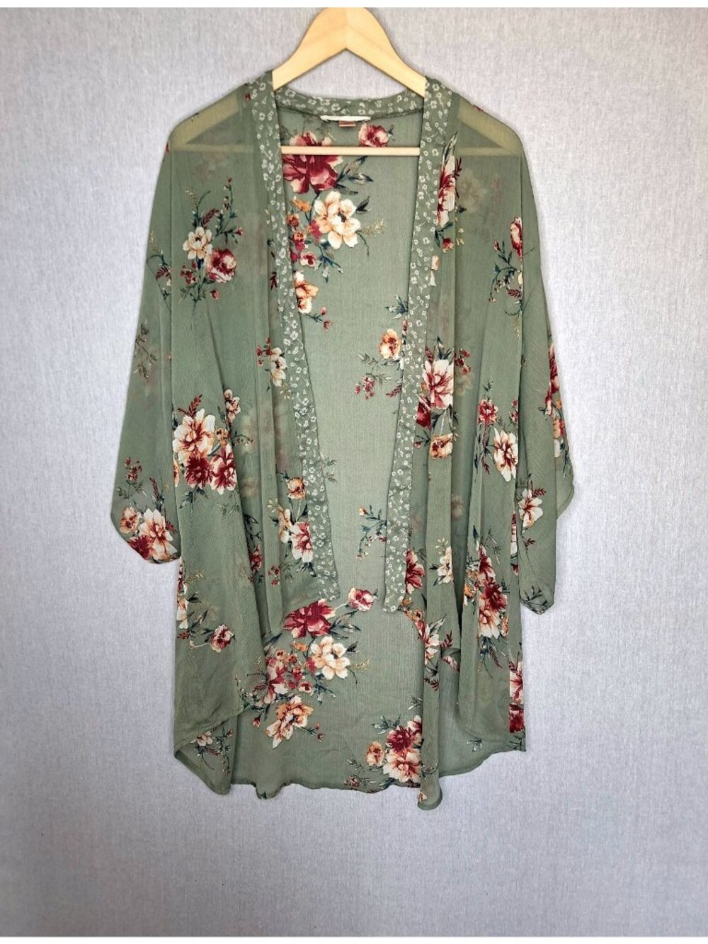 💙 Band of Gypsies Sage Green Floral Kimono Cardigan Size S/M Oversized Sheer Bo